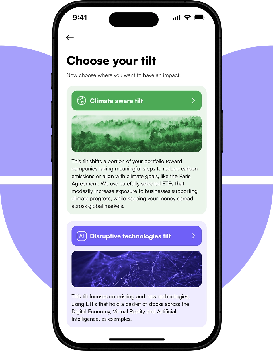 iPhone with UI showing how to choose your portfolio in the Fint app.