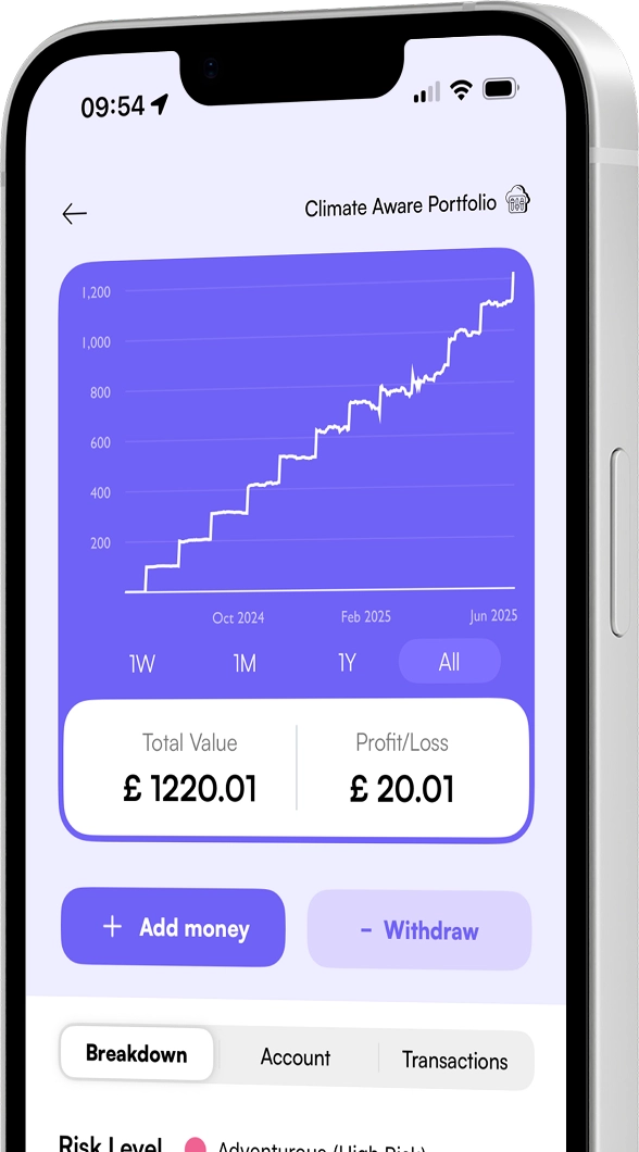 Image of an iPhone showing a users portfolio in the Fint app.