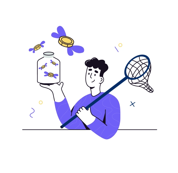 Graphic illustration showing a man holding a net catcher in one hand and a jar with winging coins in the other. 