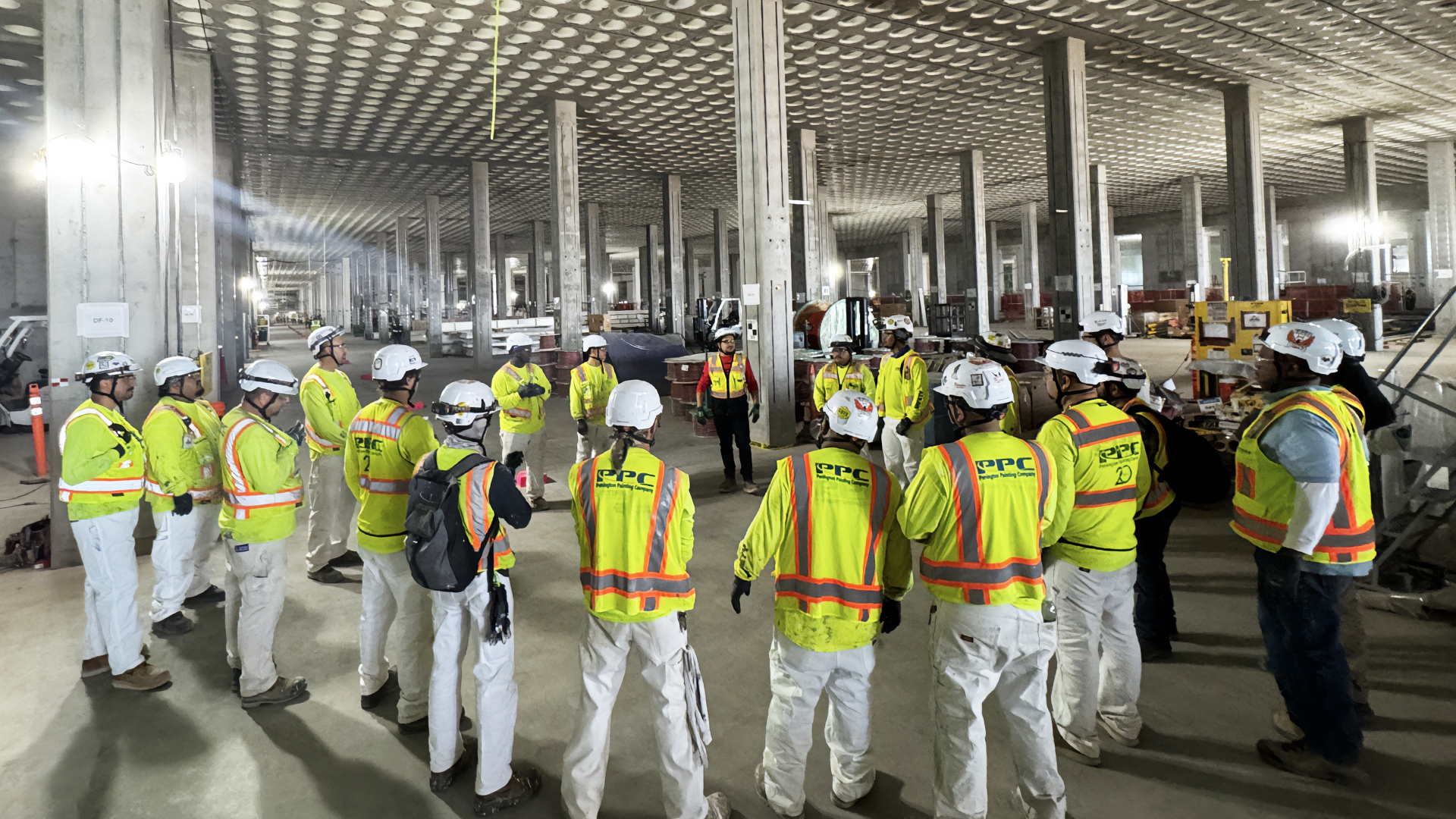 A group of construction workers in hard hats and high-visibility jackets gather for a meeting in a large, partially built structure, conveying teamwork.