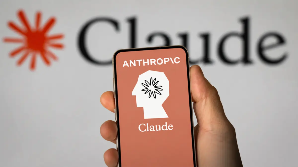 Hand holding a phone showing the Anthropic Claude app
