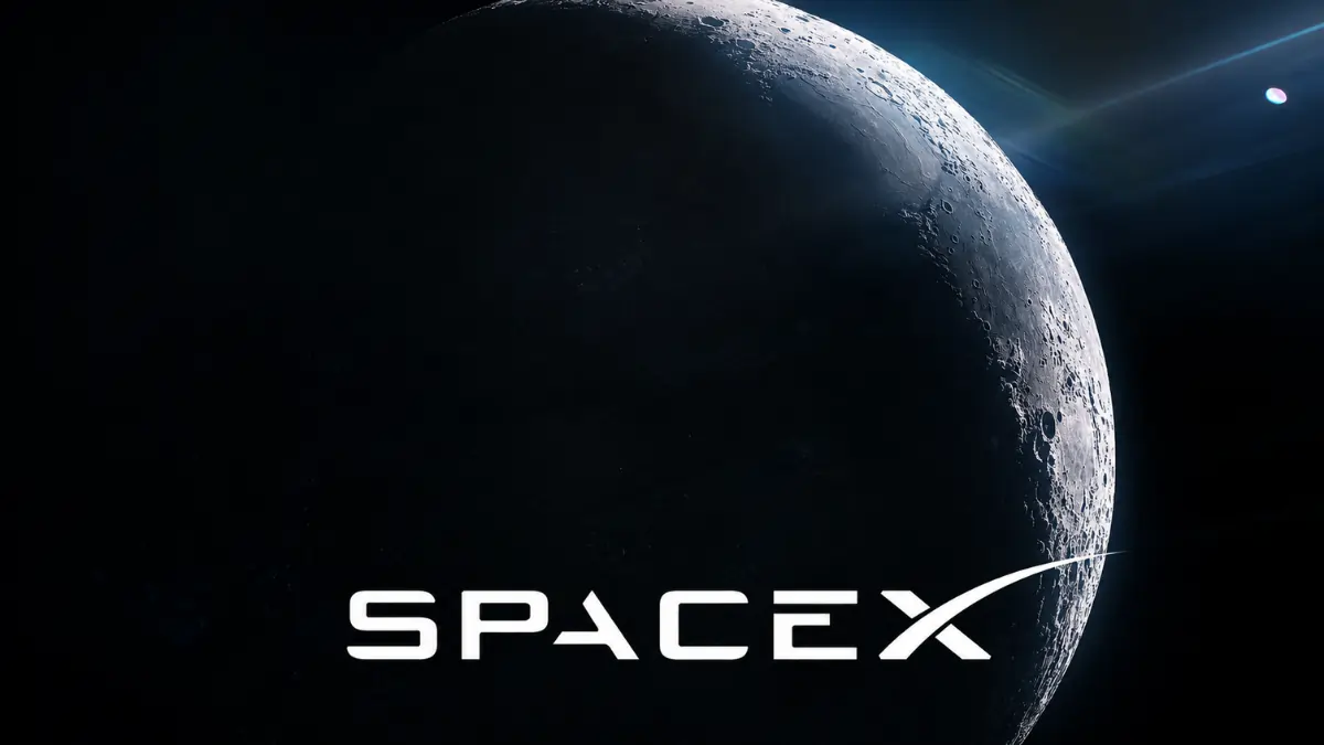 SpaceX logo displayed over a cratered moon in deep space