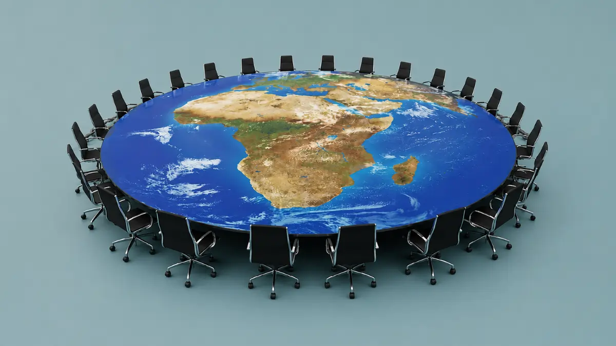 Round globe conference table surrounded by office chairs