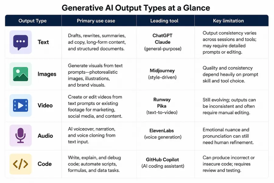 Comparison table showing the five generative AI output types, Text, Images, Video, Audio and Code, alongside their primary use cases, leading tools and key limitations.