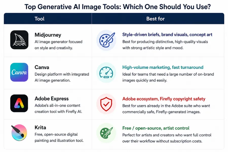 Comparison table of AI image generation tools showing Midjourney, Canva, Adobe Express and Krita with the use case each tool is best suited for.