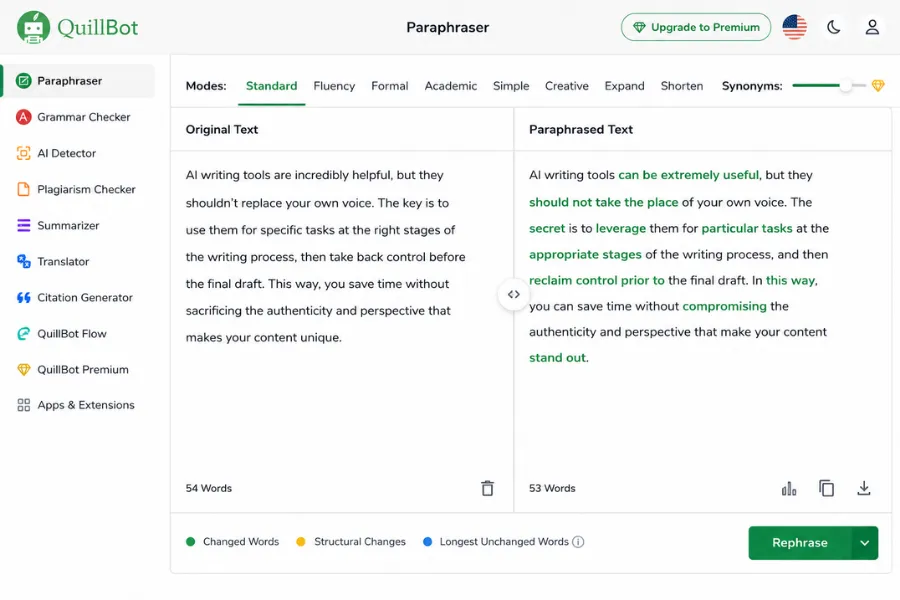 QuillBot paraphrasing interface in Standard mode displaying side-by-side original and rewritten text for AI-assisted editing.