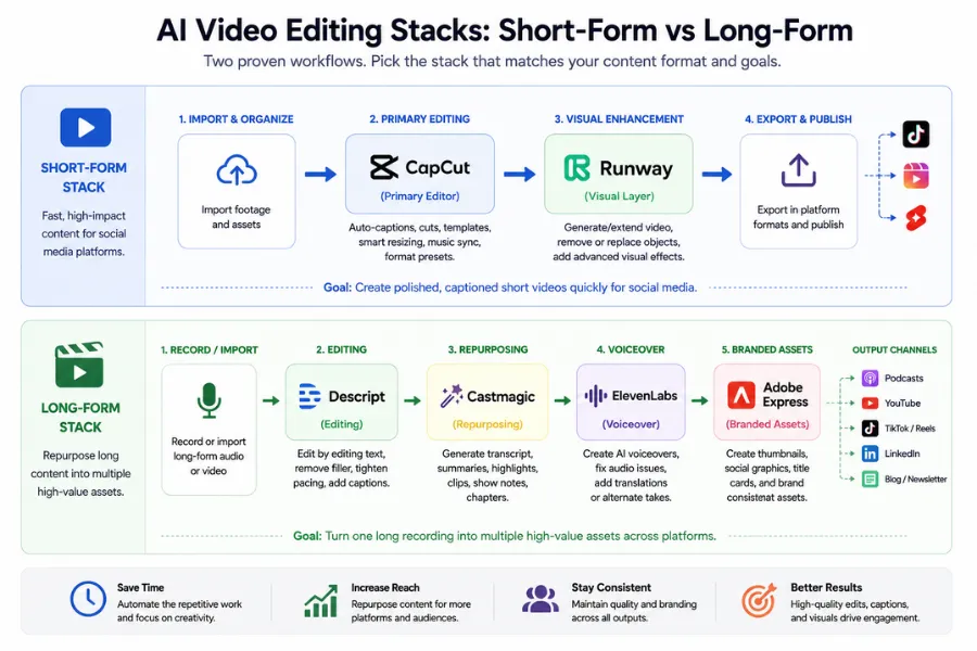 Workflow diagram comparing short-form and long-form AI video editing stacks, showing the order of tools from editing through publishing and repurposing.