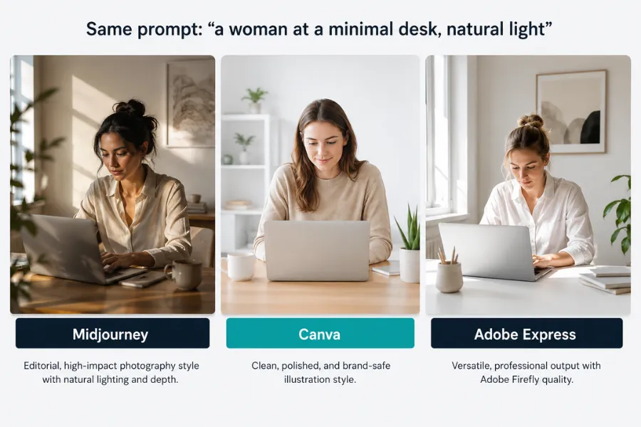 Comparison showing the same AI image prompt generated by Midjourney, Canva, and Adobe Express, highlighting differences in visual style and quality.