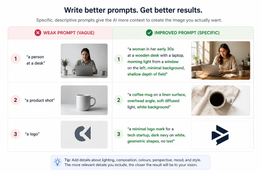 Before-and-after prompt comparison table showing how detailed AI image prompts produce more accurate and higher-quality results than vague prompts.