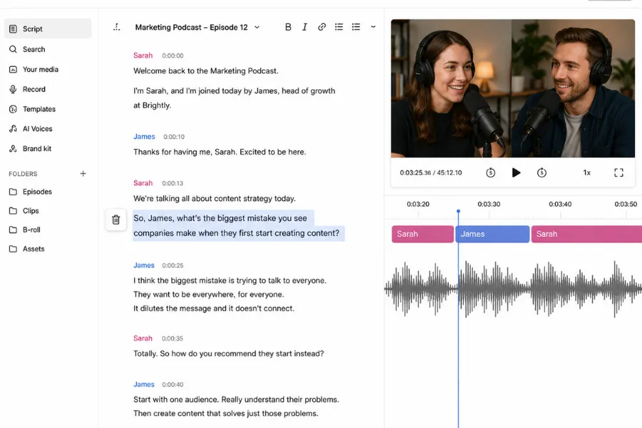 Diagram illustrating the Descript workflow from recording and transcription through AI editing to final export.