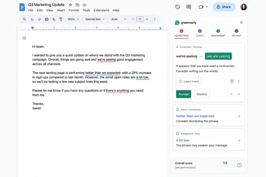 Grammarly reviewing a Google Docs document with grammar, clarity and tone suggestions displayed in the sidebar.