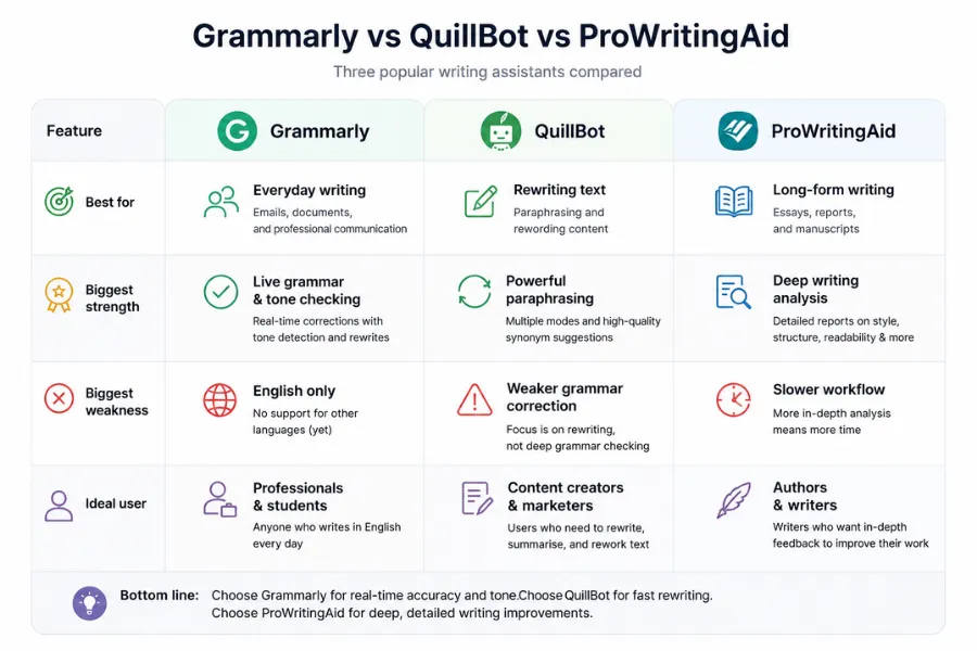 Comparison chart of Grammarly, QuillBot and ProWritingAid across features, strengths, weaknesses and ideal users.