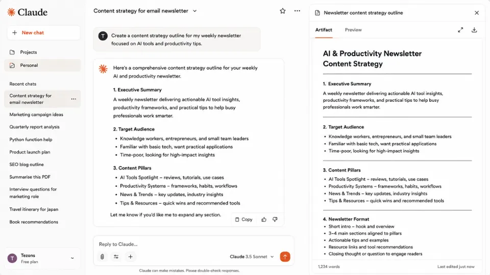 Claude AI interface showing the main chat workspace with conversation history in the left sidebar, a chat session in the centre, a prompt box at the bottom, and an Artifact panel displaying a document preview on the right.
