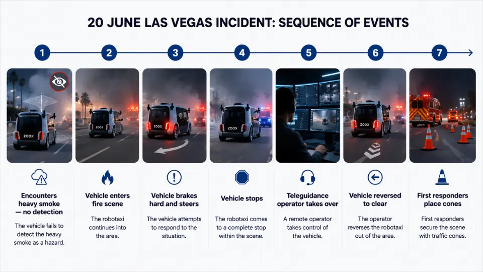 Zoox robotaxi fire scene incident timeline.