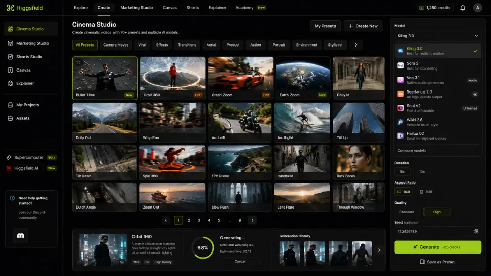 Higgsfield Cinema Studio interface showing cinematic preset grid, model selector, and video generation controls.