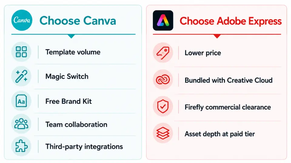 Canva and Adobe Express feature comparison highlighting each platform's key strengths.