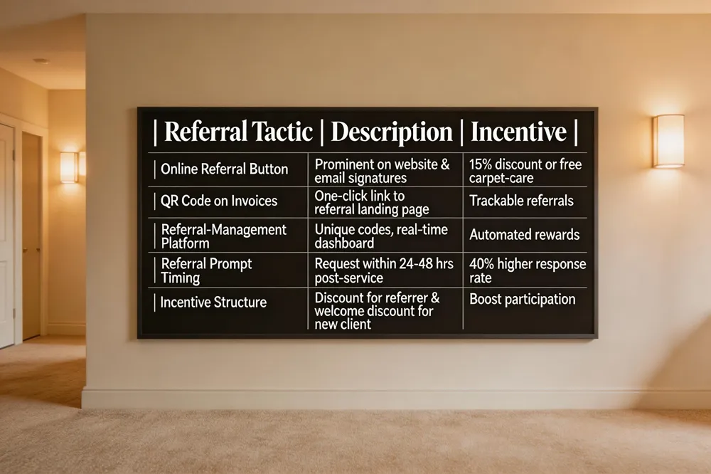 | Referral Tactic | Description | Incentive |
|----------------|-------------|----------|
| Online Referral Button | Prominent on website &amp; email signatures | 15% discount or free carpet‑care |
| QR Code on Invoices | One‑click link to referral landing page | Trackable referrals |
| Referral‑Management Platform | Unique codes, real‑time dashboard | Automated rewards |
| Referral Prompt Timing | Request within 24‑48 hrs post‑service | 40% higher response rate |
| Incentive Structure | Discount for referrer &amp; welcome discount for new client | Boost participation |
