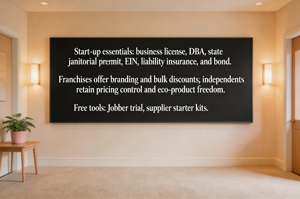 Start‑up essentials: business license, DBA, state janitorial permit, EIN, liability insurance, and bond. Franchises offer branding and bulk discounts; independents retain pricing control and eco‑product freedom. Free tools: Jobber trial, supplier starter kits.
