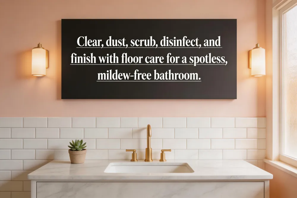 Clear, dust, scrub, disinfect, and finish with floor care for a spotless, mildew‑free bathroom.