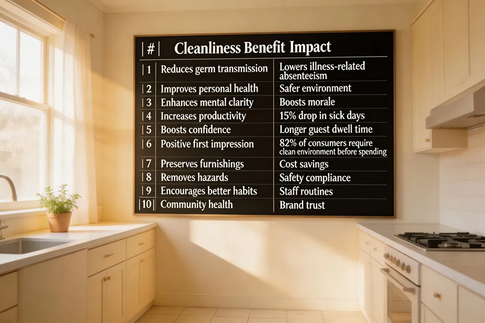 | # | Cleanliness Benefit | Impact |
|---|---|---|
|1| Reduces germ transmission | Lowers illness‑related absenteeism |
|2| Improves personal health | Safer environment |
|3| Enhances mental clarity | Boosts morale |
|4| Increases productivity | 15% drop in sick days |
|5| Boosts confidence | Longer guest dwell time |
|6| Positive first impression | 82% of consumers require clean environment before spending |
|7| Preserves furnishings | Cost savings |
|8| Removes hazards | Safety compliance |
|9| Encourages better habits | Staff routines |
|10| Community health | Brand trust |
