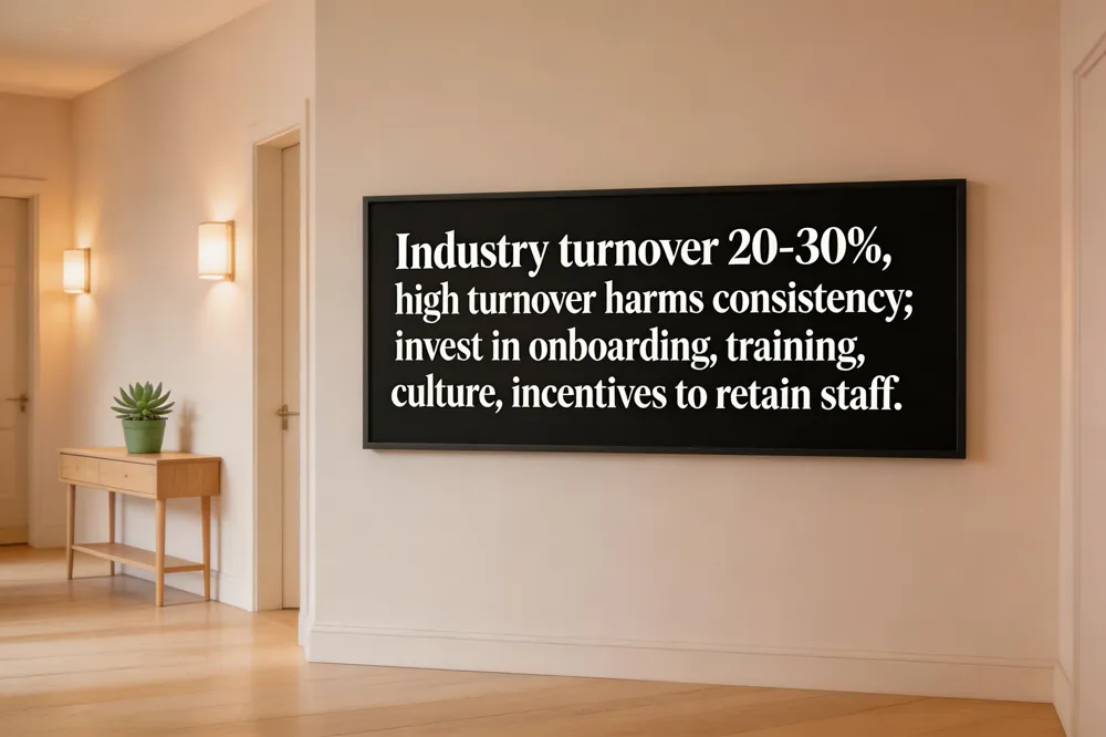 Industry turnover 20‑30%; high turnover harms consistency; invest in onboarding, training, culture, incentives to retain staff.
