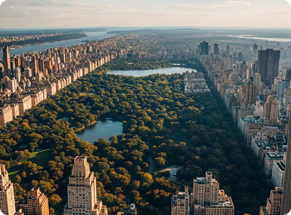 Aerial view of Central Park surrounded by tall city buildings under a clear sky.