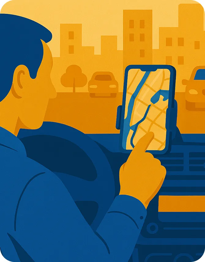 a man in a car looking at a broken map