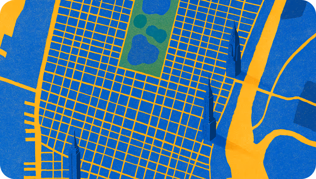 a blue and yellow grid with towers