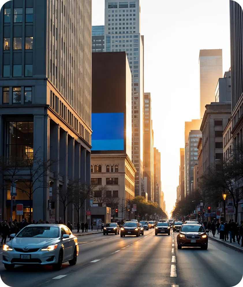 Cars drive down a city street lined with tall buildings during sunset.