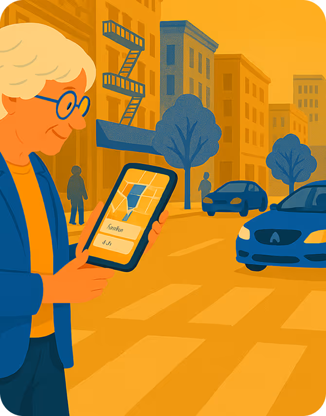 an old woman holding a tablet in front of a street with cars