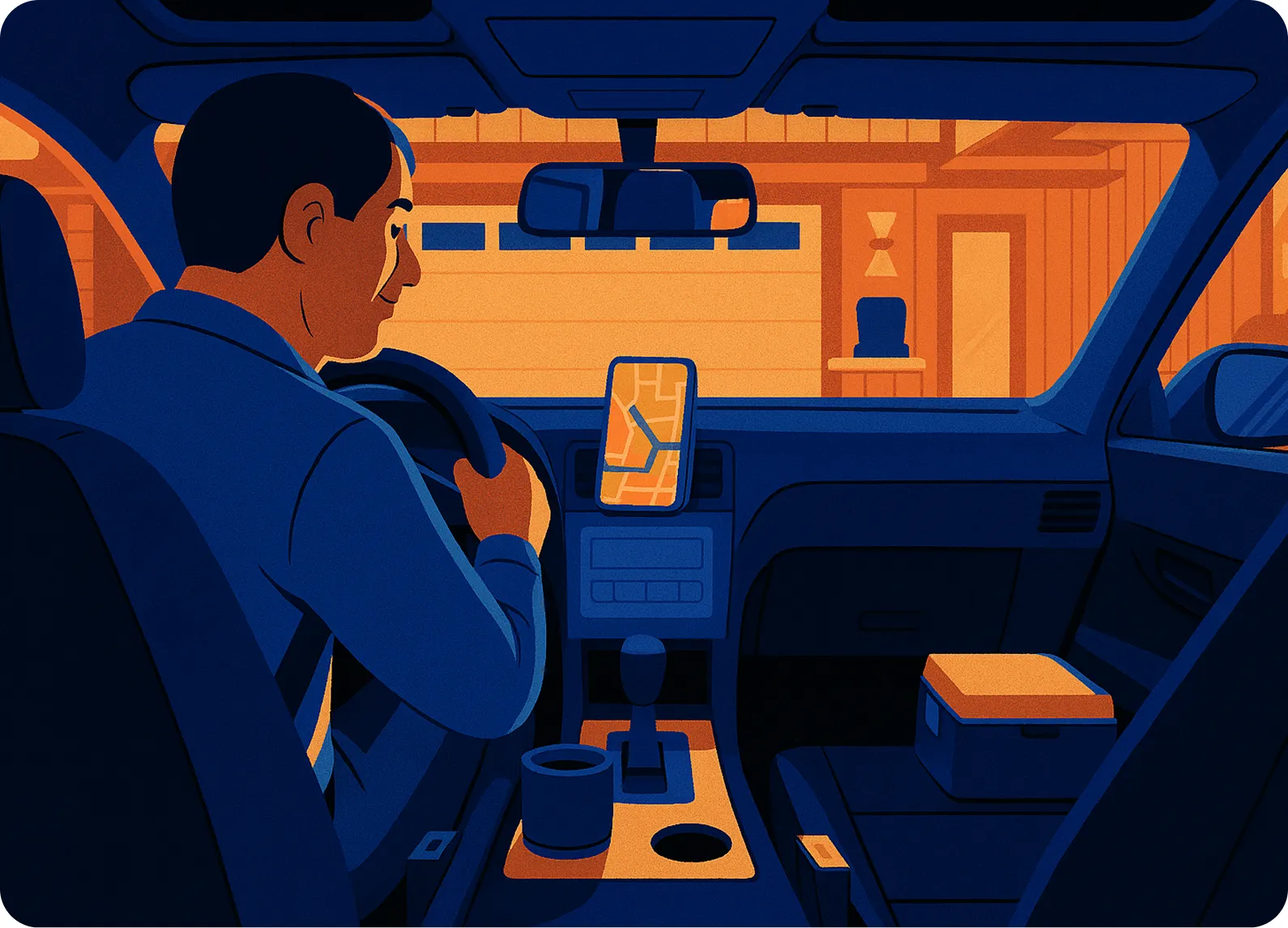 A man is driving a car with a map on the dashboard.