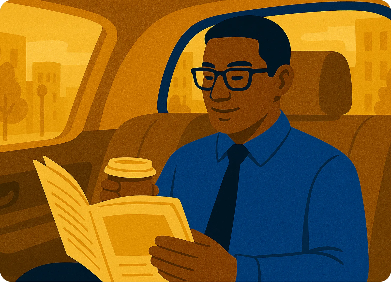 A man wearing glasses reads a newspaper.