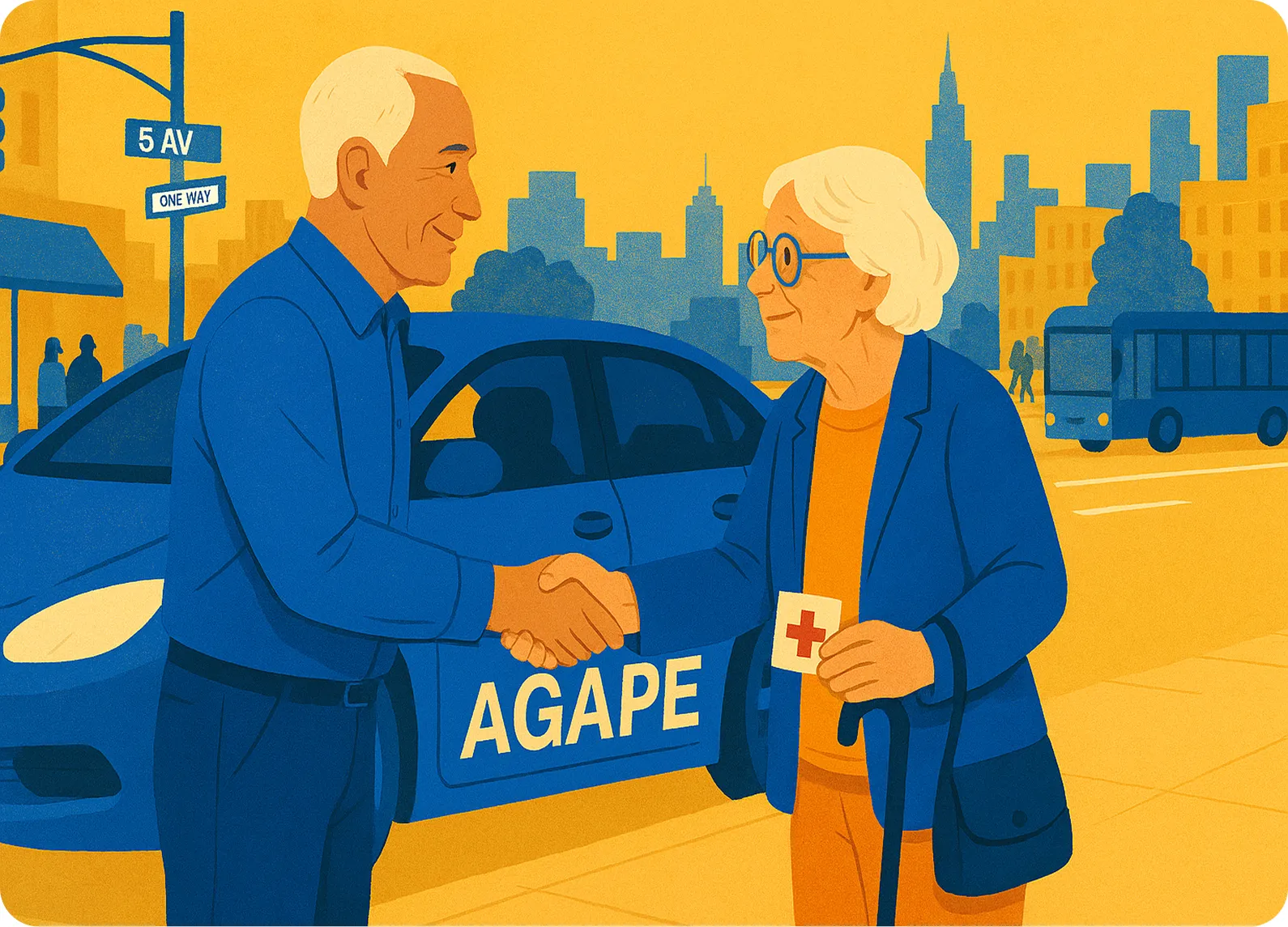 A man and woman shake hands in front of a car with the word agape on it.
