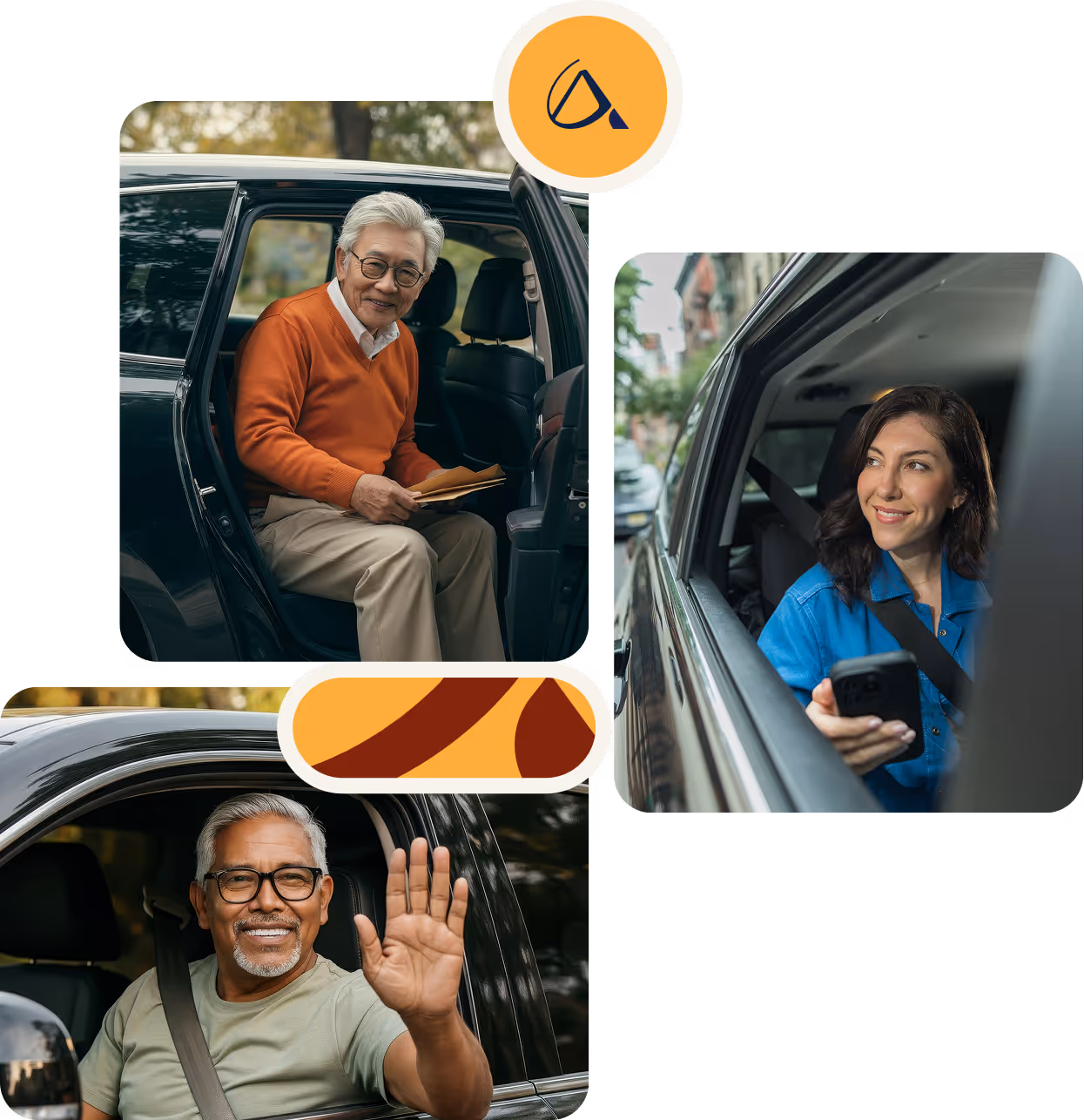 Collage of diverse people smiling inside cars: an elderly man sitting in back seat, a young woman holding a phone in the passenger seat, and a middle-aged man waving from the driver's seat.