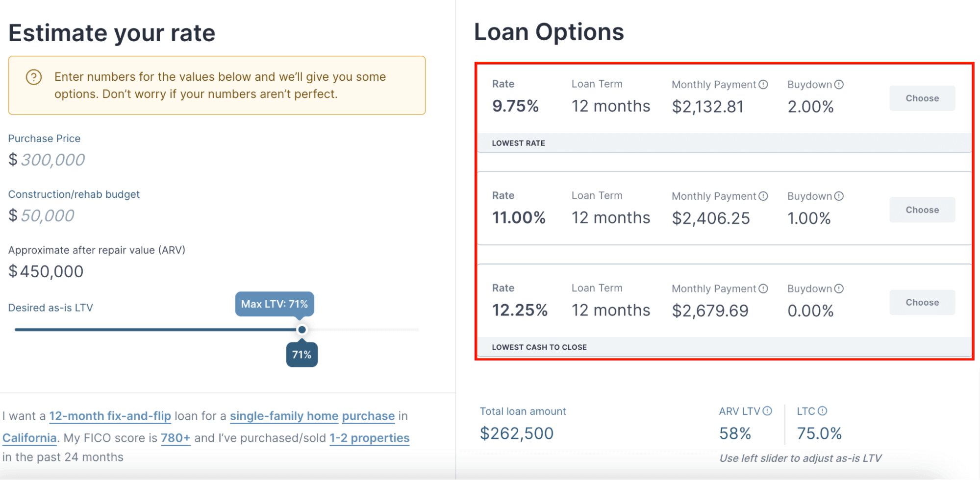 Estimate your rate and Loan Options: Pricer example
