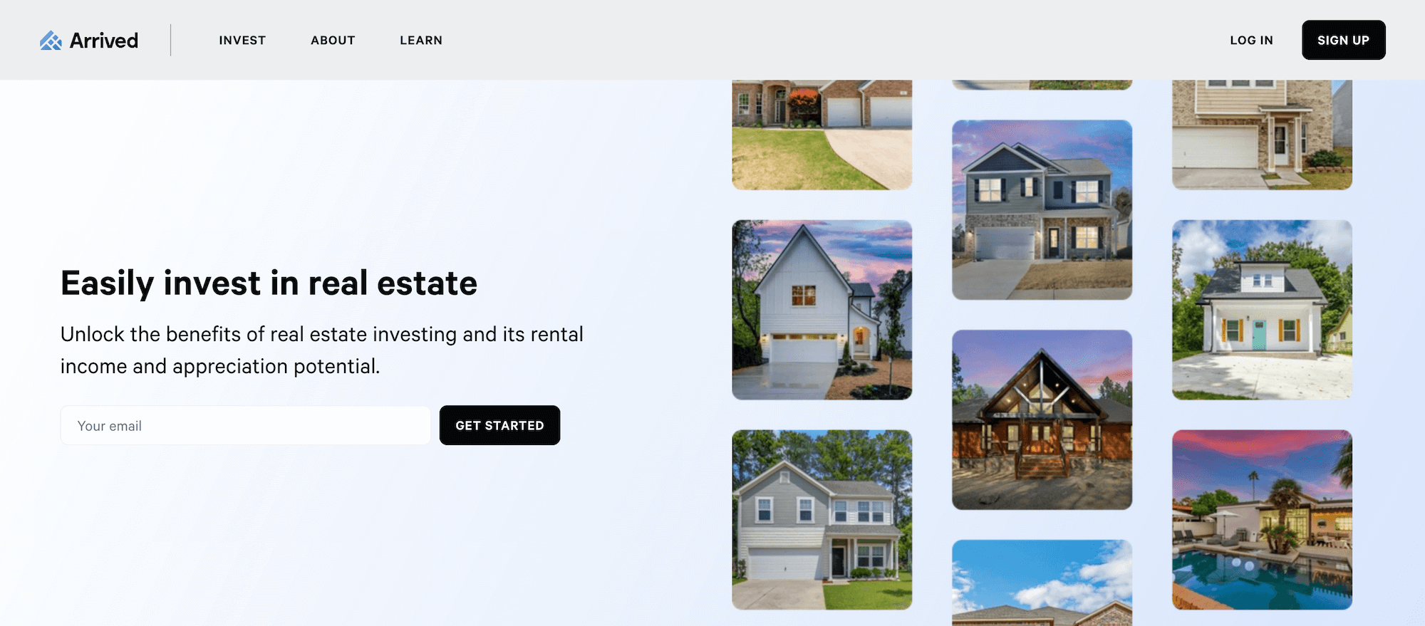 Arrived Homes homepage: Easily invest in real estate