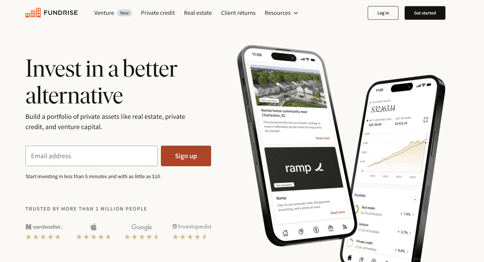 Fundrise homepage: Invest in a better alternative