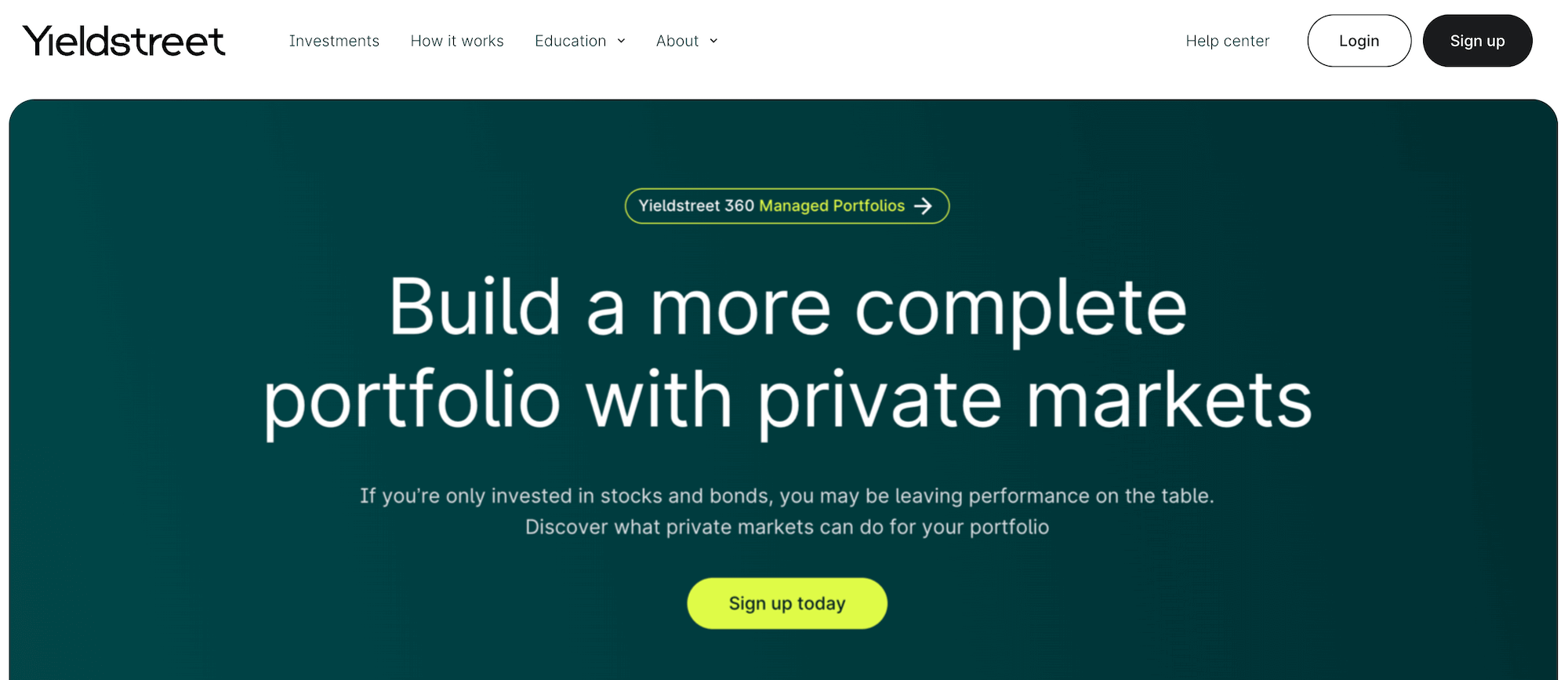 Yieldstreet homepage: Build a more complete portfolio with private markets