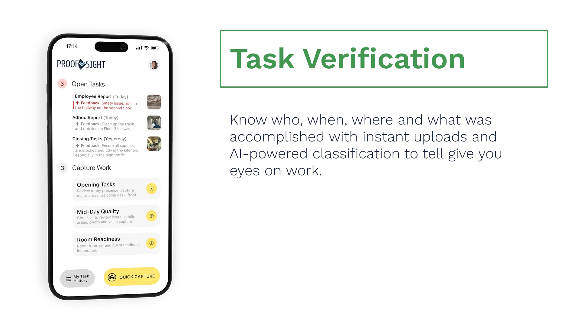 A mobile phone and a laptop display a hospitality and property management system. The phone screen shows a task dashboard for a hotel manager, listing tasks requiring follow-up and available workflows such as opening tasks and mid-day reports. The laptop screen shows a detailed inspection dashboard for hotel room checkouts, with rooms listed by number, cleanliness scores, pass/fail status, images, and corrective actions. The caption at the bottom reads ‘Hospitality & Property Mgt. — Turnover Tracking, Cleaning, Repair Requests’.