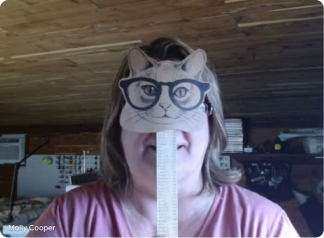 Person holding a ruler with a cat face and glasses cutout in front of their face indoors.