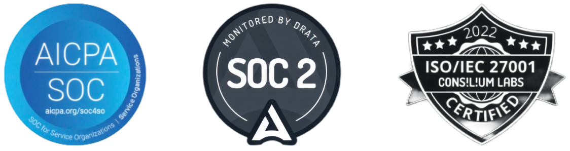 Three compliance badges: AICPA SOC, SOC 2 monitored by Drata, and ISO/IEC 27001 certified 2022.