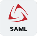 SAML logo with a red abstract triangular symbol above the black text SAML.