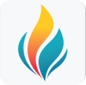 Abstract flame logo with blue, orange, and yellow curved shapes on a rounded square background.