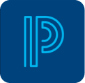 Blue background with a stylized letter P logo in lighter blue lines.