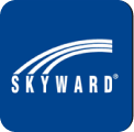 Skyward logo with white text and arched lines on blue background.