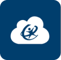 White cloud icon with a stylized letter and orbit design inside on a blue rounded square background.
