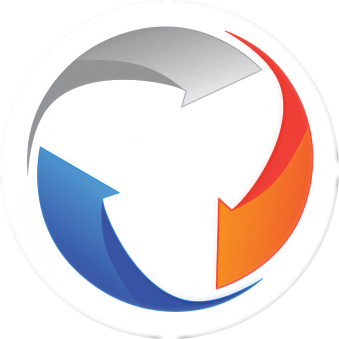 Three curved arrows in a circle: one blue, one gray, and one orange-red.