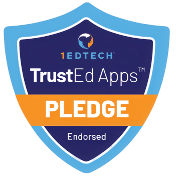 Shield logo with 1EdTech TrustEd Apps Pledge Endorsed text in blue and orange colors.