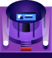 Purple robot with blue visor, antennae, and red square on its chest on a purple background.