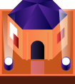 Isometric illustration of a small building with a dark purple roof and a large arched entrance.